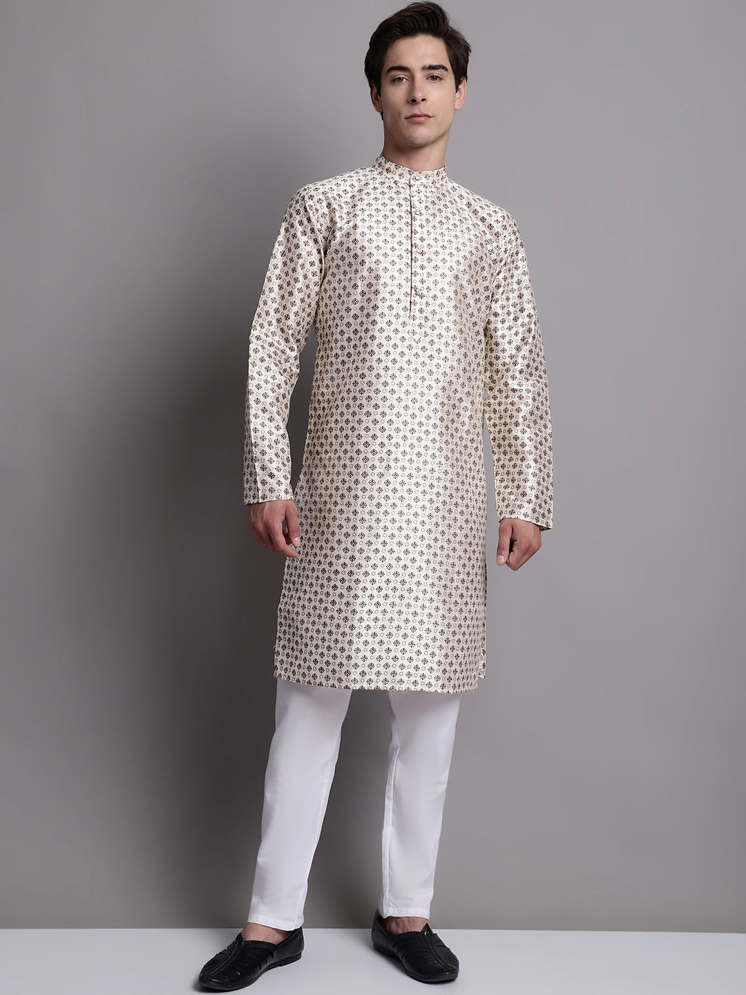 Men's Grey Printed Silk Blend Kurta