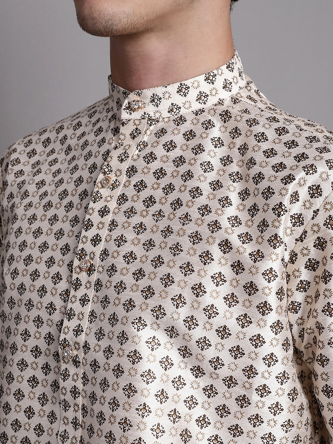 Men's Grey Printed Silk Blend Kurta