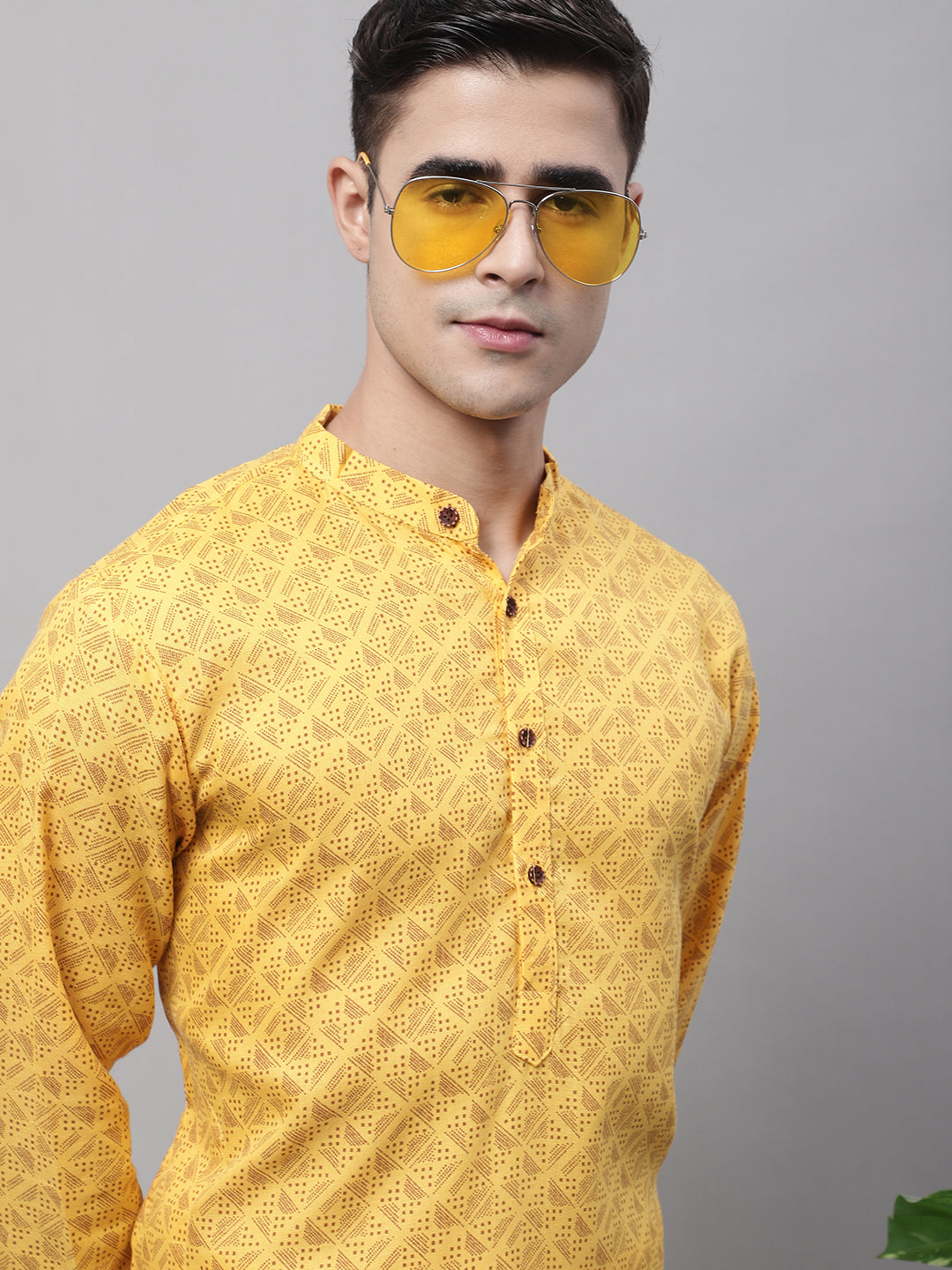 Men's Yellow Printed Pure Cotton Kurtas