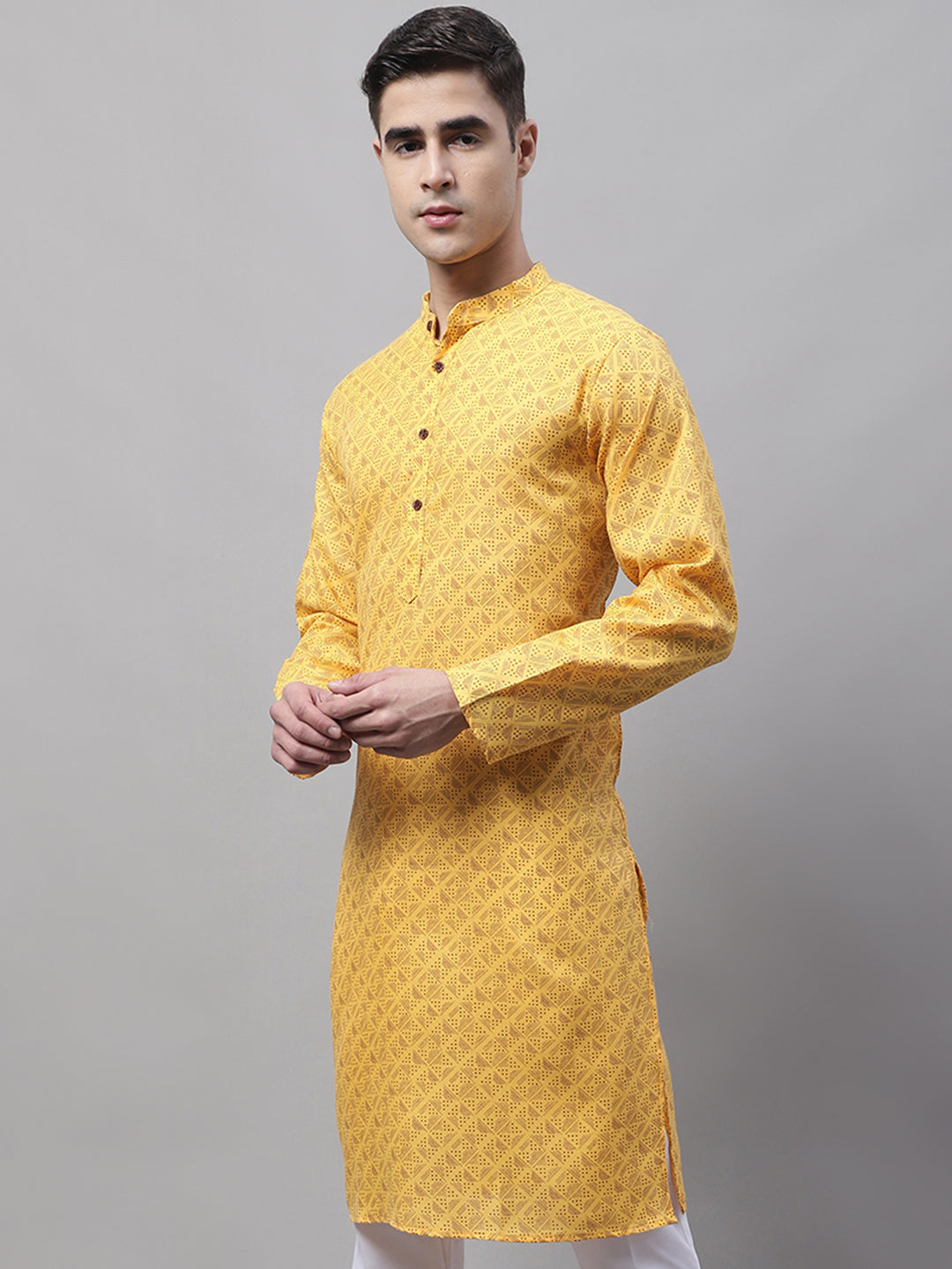 Men's Yellow Printed Pure Cotton Kurtas