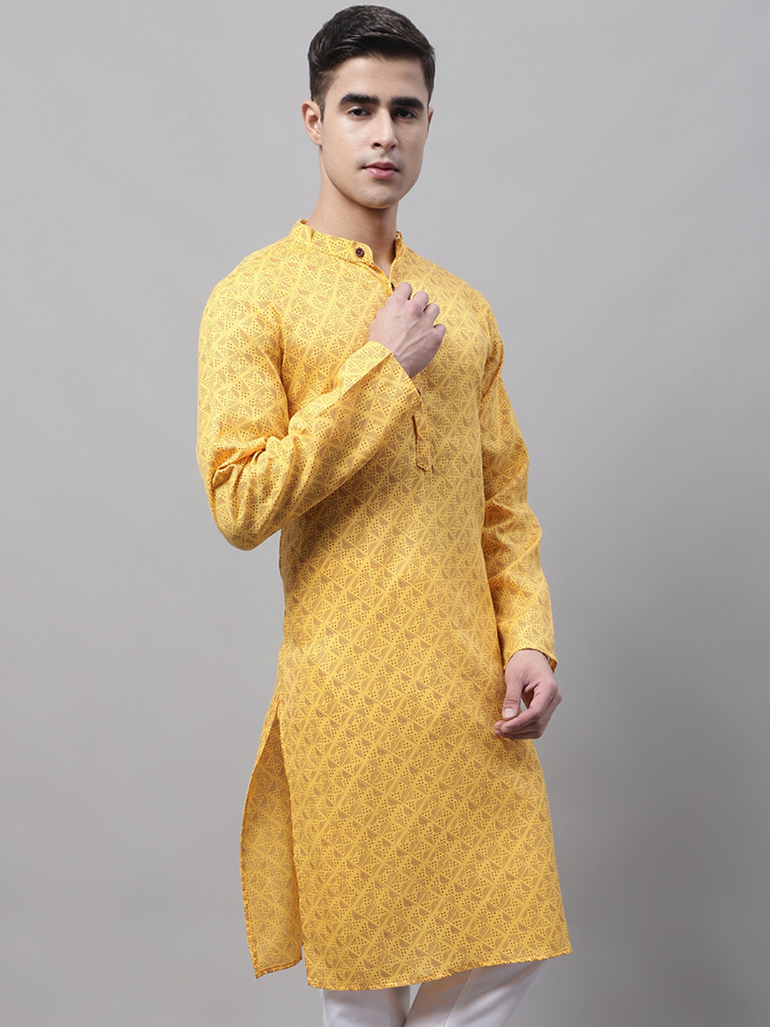 Men's Yellow Printed Pure Cotton Kurtas