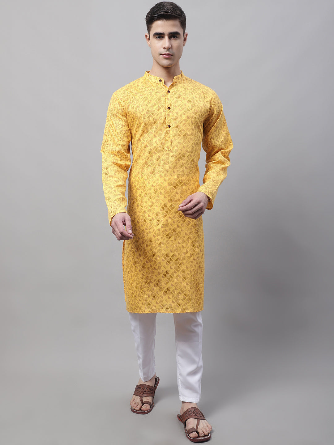 Men's Yellow Printed Pure Cotton Kurtas