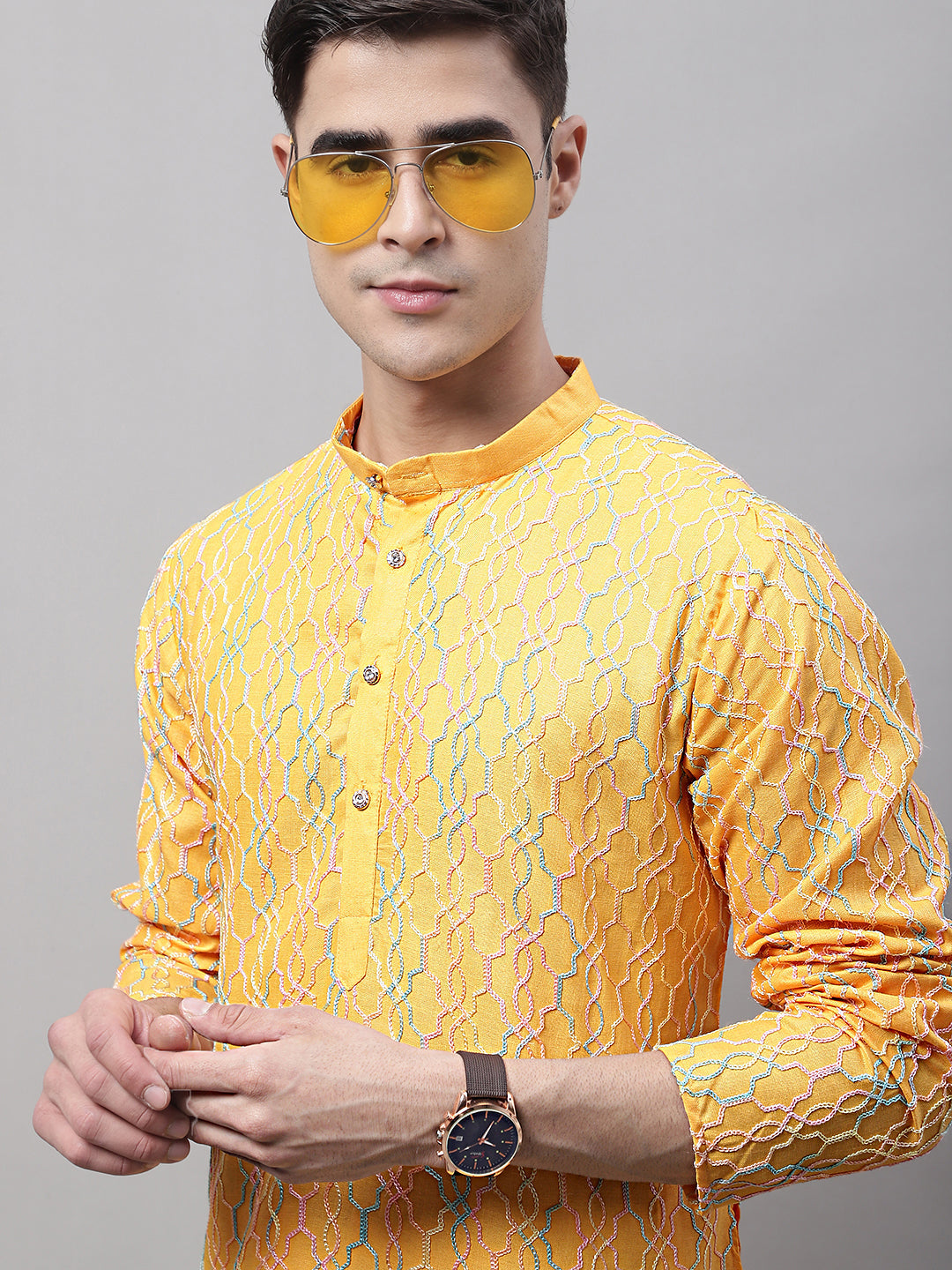 Men's Mustard and Multi Coloured Embroidered Straight Kurtas