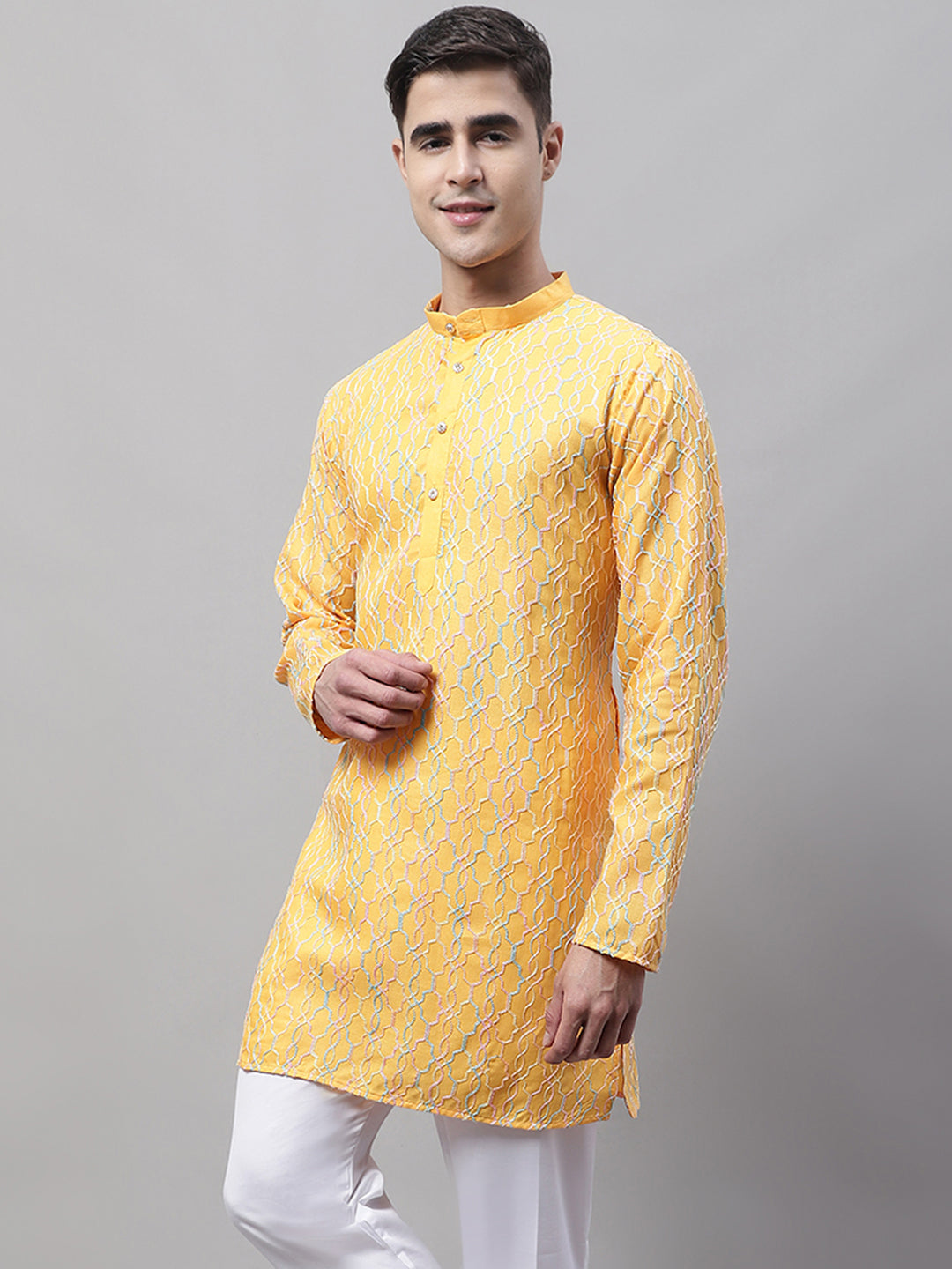 Men's Mustard and Multi Coloured Embroidered Straight Kurtas