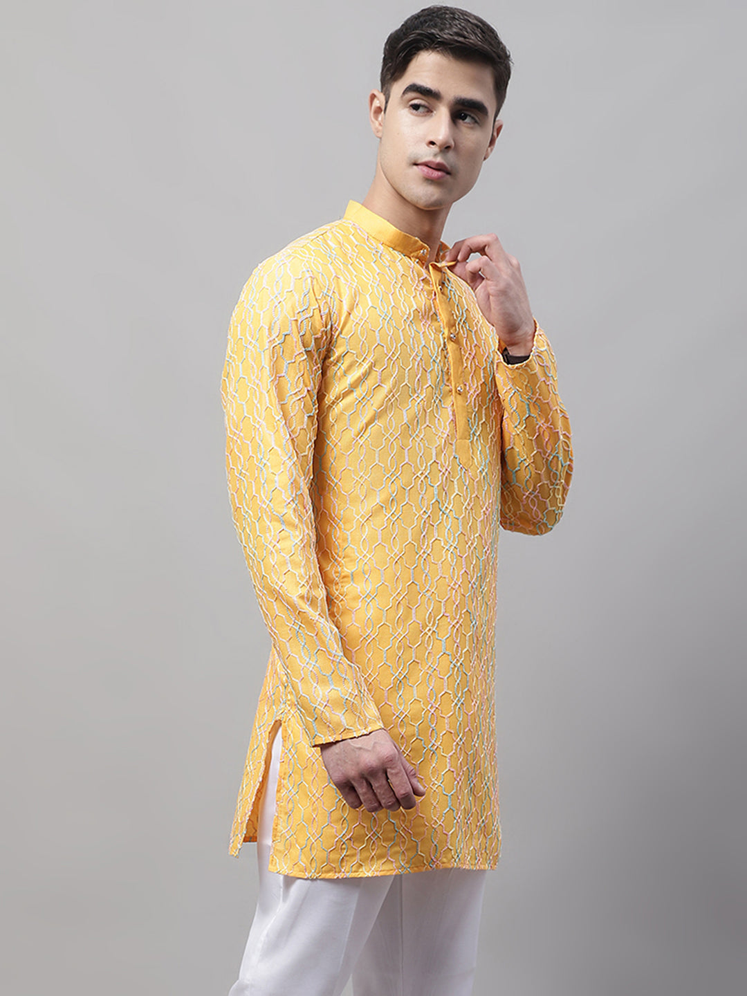 Men's Mustard and Multi Coloured Embroidered Straight Kurtas