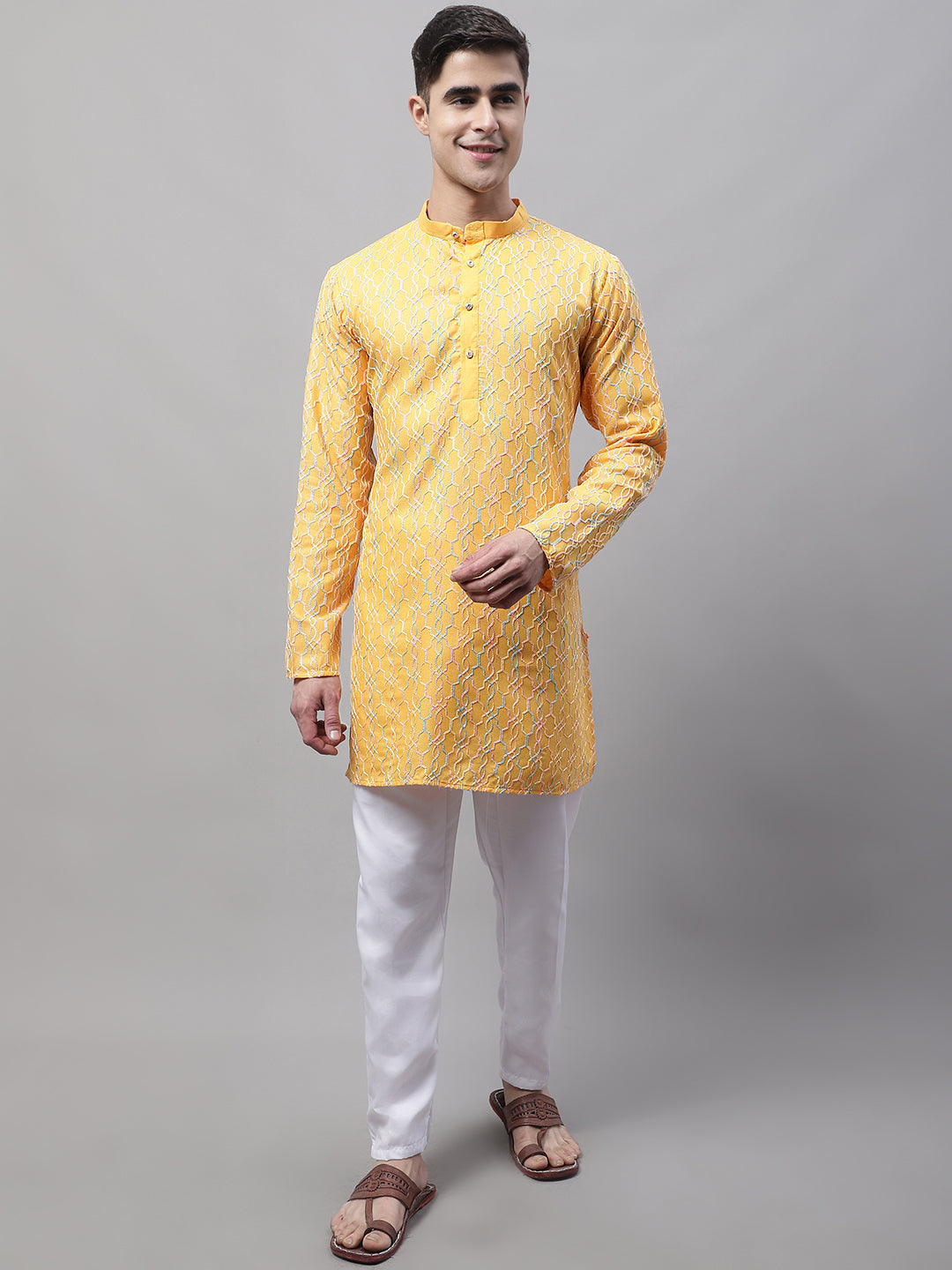 Men's Mustard and Multi Coloured Embroidered Straight Kurtas