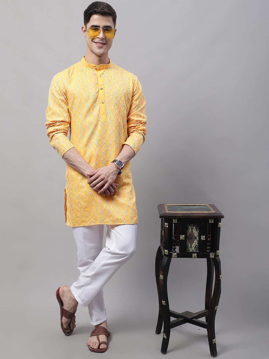 Men's Mustard and Multi Coloured Embroidered Straight Kurtas