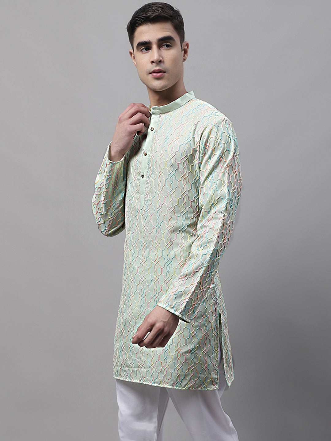 Men's Pista Green and Multi Coloured Embroidered Straight Kurtas