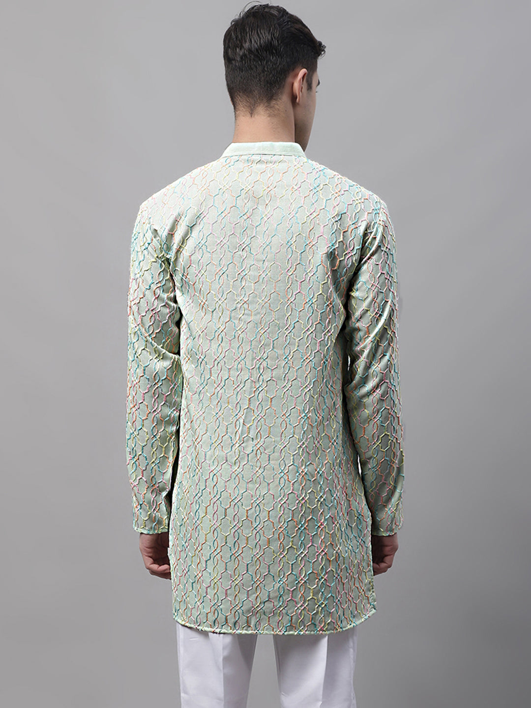 Men's Pista Green and Multi Coloured Embroidered Straight Kurtas