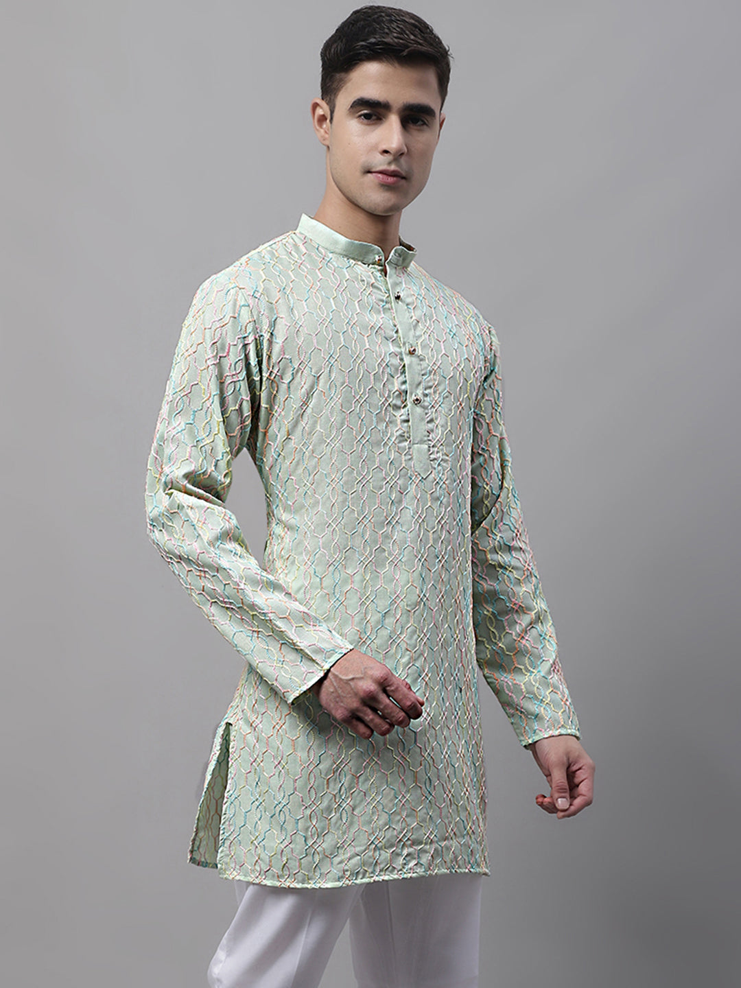 Men's Pista Green and Multi Coloured Embroidered Straight Kurtas