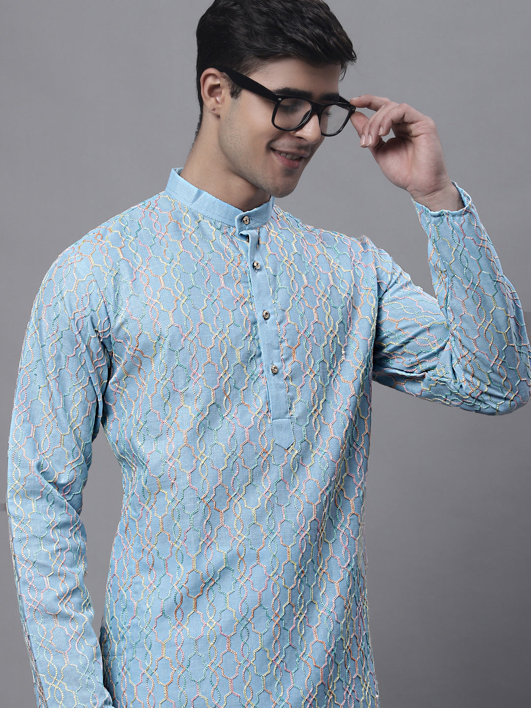 Men's Sky Blue and Multi Coloured Embroidered Straight Kurtas