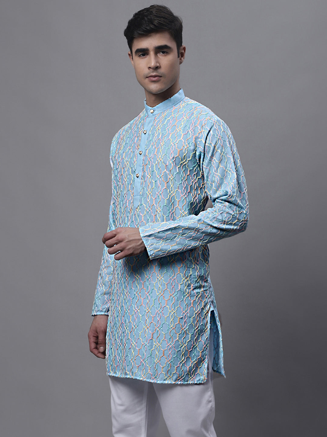 Men's Sky Blue and Multi Coloured Embroidered Straight Kurtas