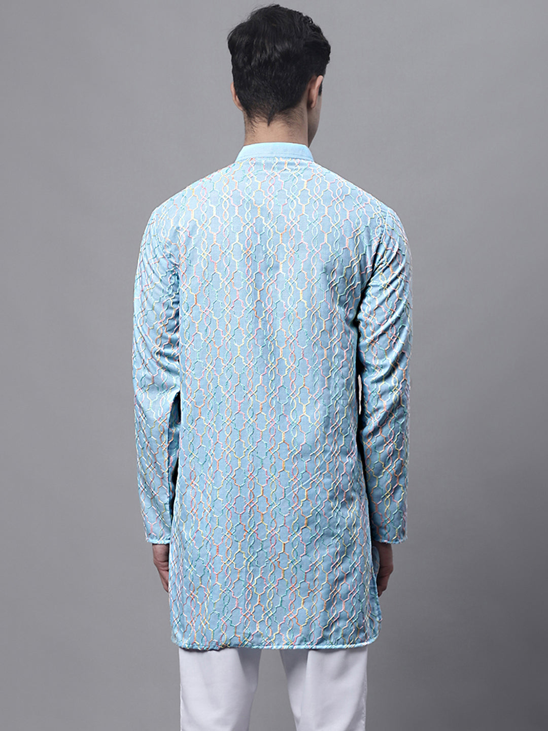 Men's Sky Blue and Multi Coloured Embroidered Straight Kurtas