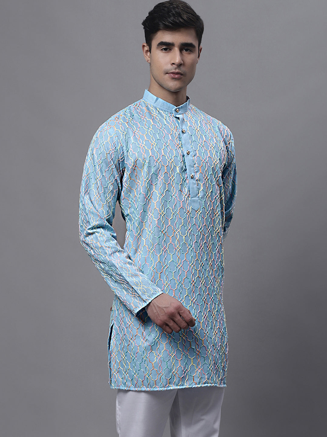 Men's Sky Blue and Multi Coloured Embroidered Straight Kurtas