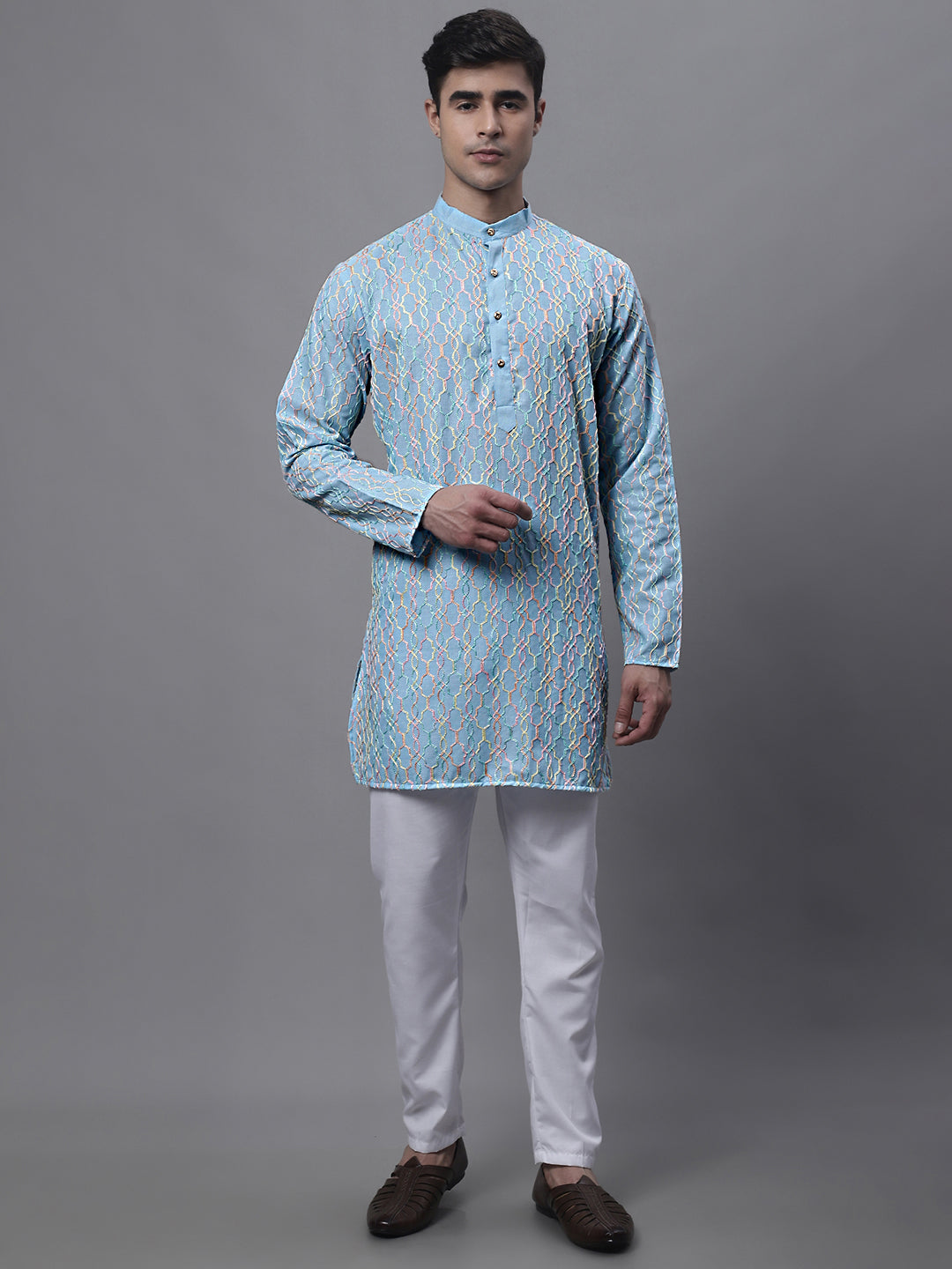 Men's Sky Blue and Multi Coloured Embroidered Straight Kurtas