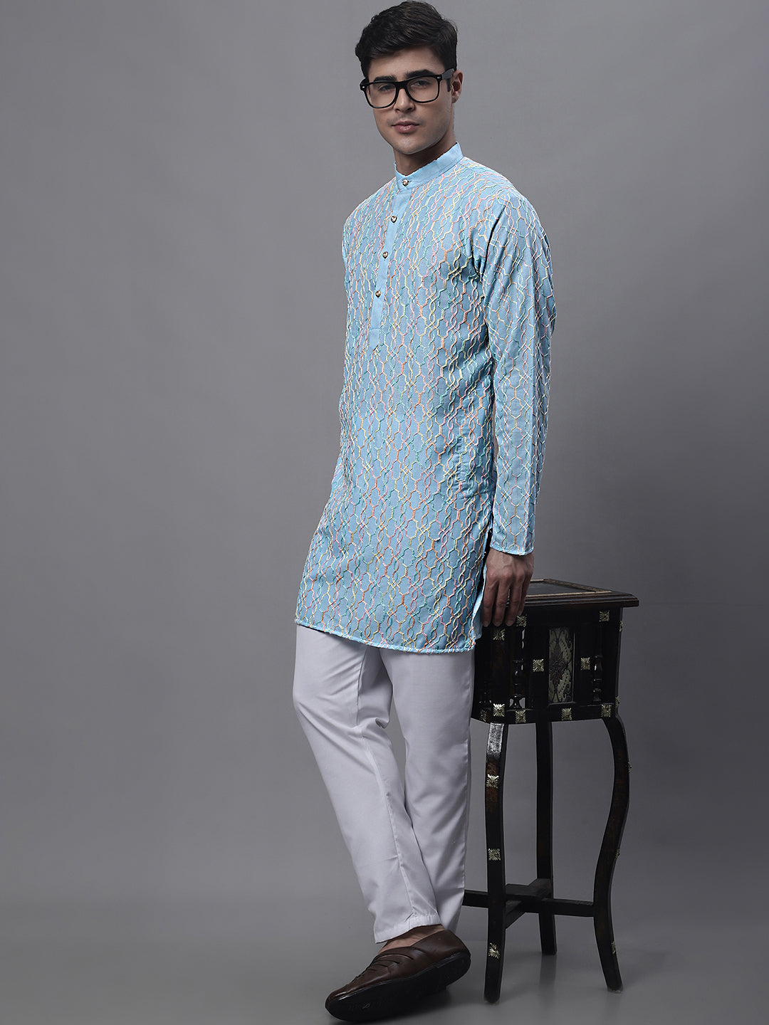 Men's Sky Blue and Multi Coloured Embroidered Straight Kurtas