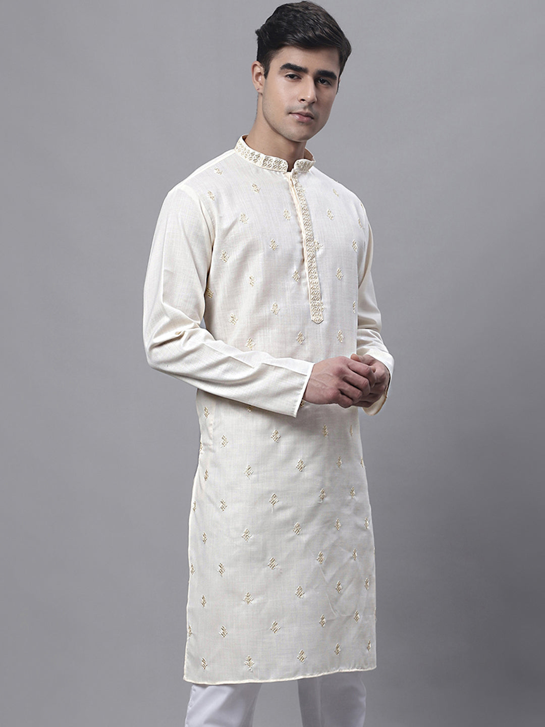 Men's White Embroidered Straight Kurtas