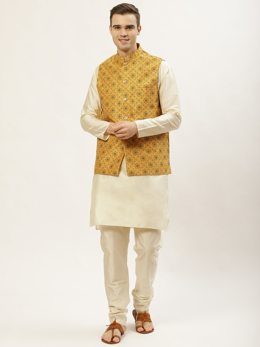 Jompers Men's Mustard Printed Nehru Jacket ( JOWC 4031Mustard )