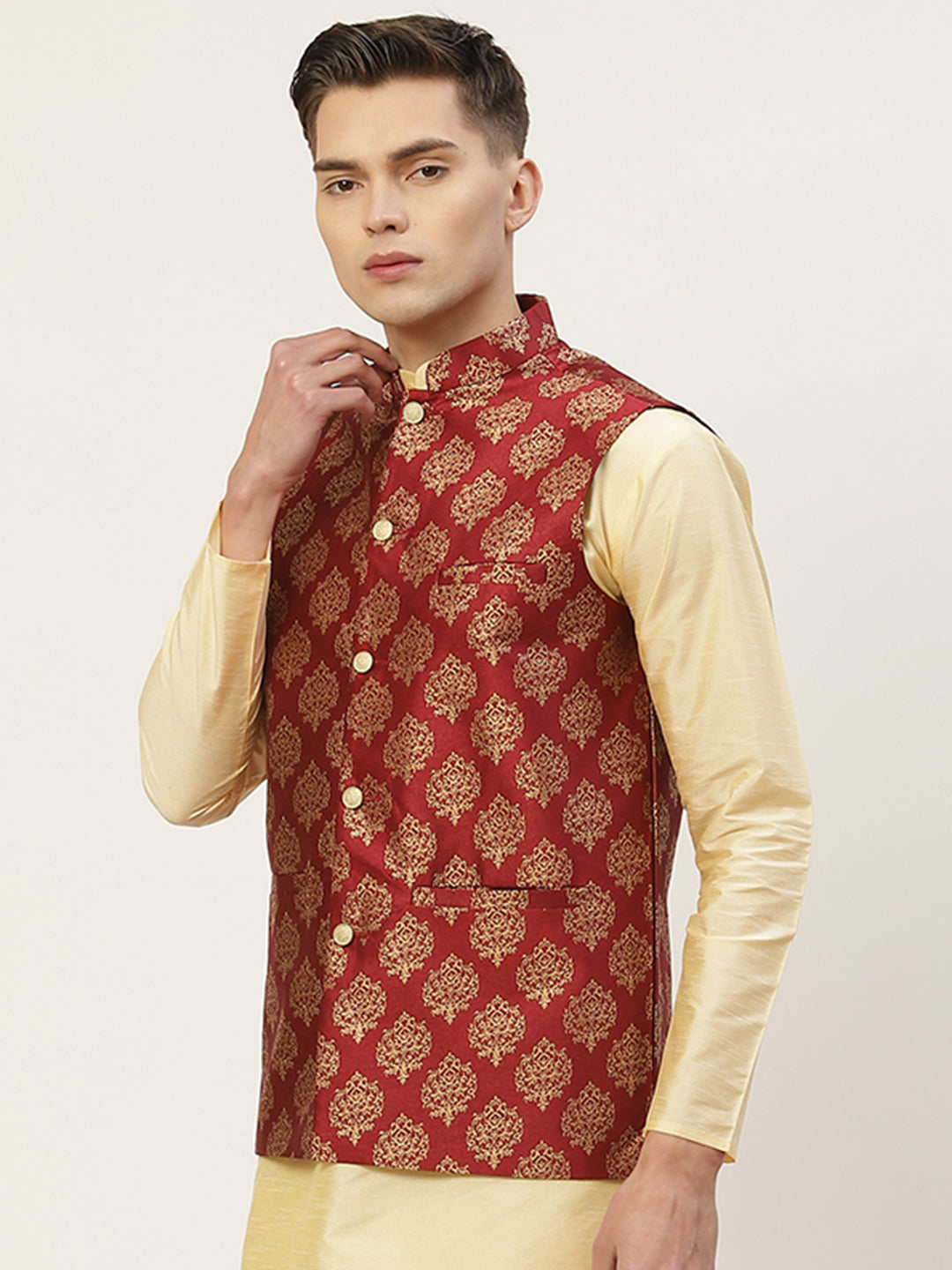 Jompers Men's Maroon Printed Nehru Jacket ( JOWC 4032Maroon )