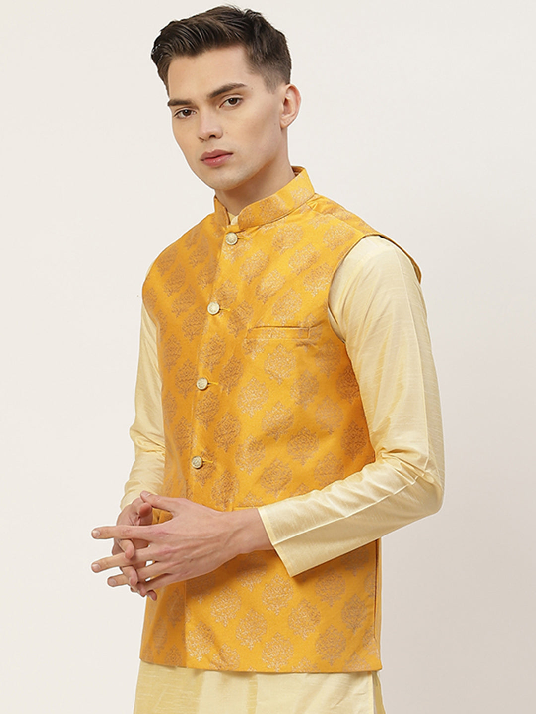 Jompers Men's Mustard Printed Nehru Jacket ( JOWC 4032Mustard )