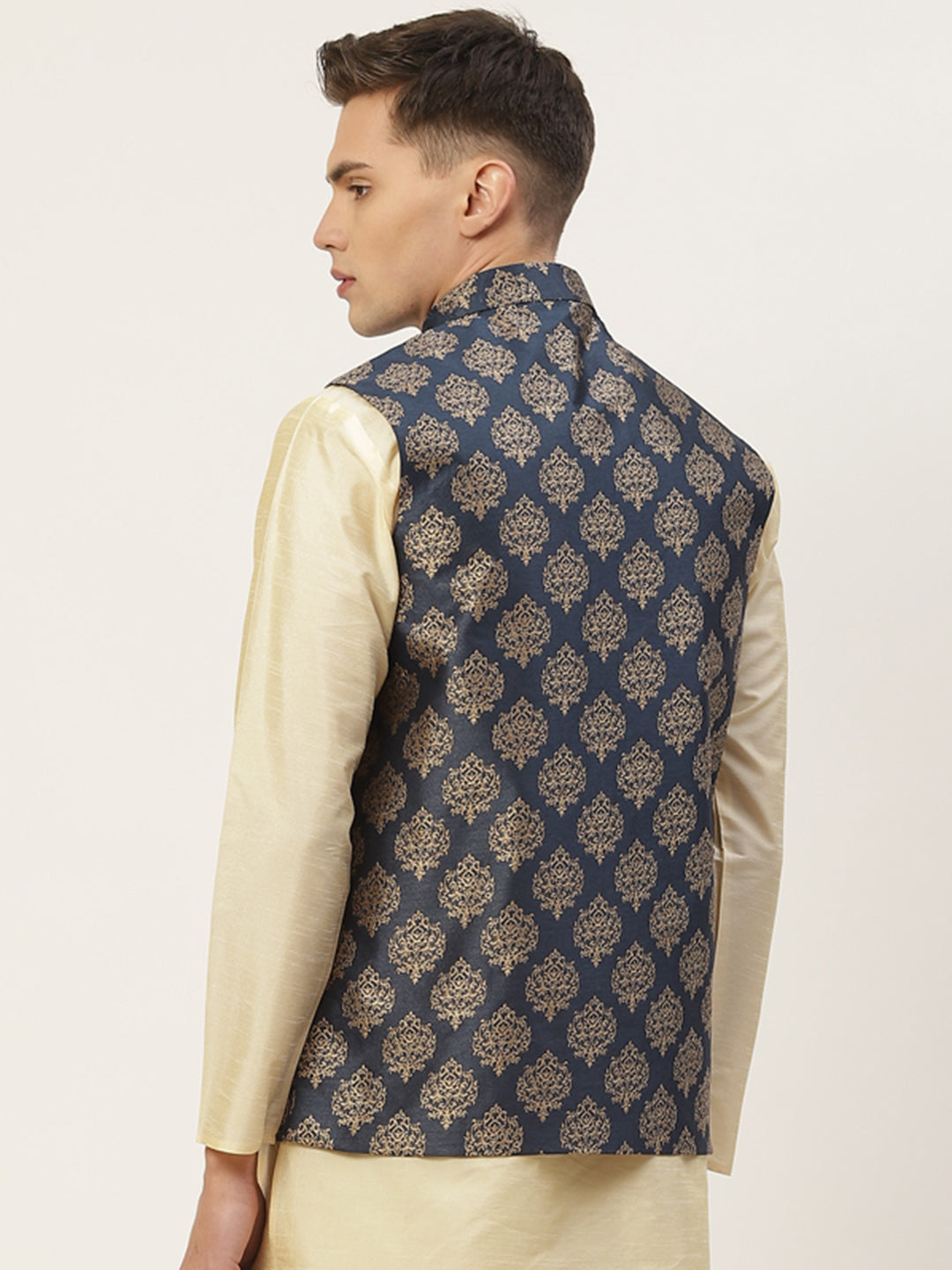 Jompers Men's Navy Printed Nehru Jacket ( JOWC 4032Navy )