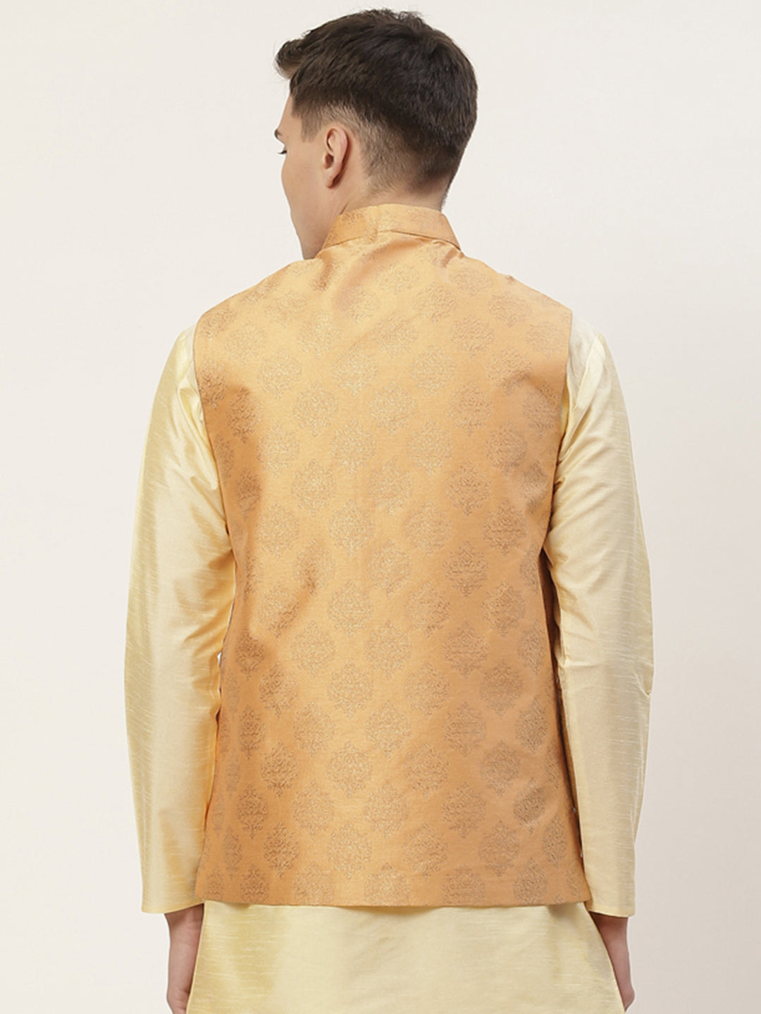 Jompers Men's Peach Printed Nehru Jacket ( JOWC 4032Peach )