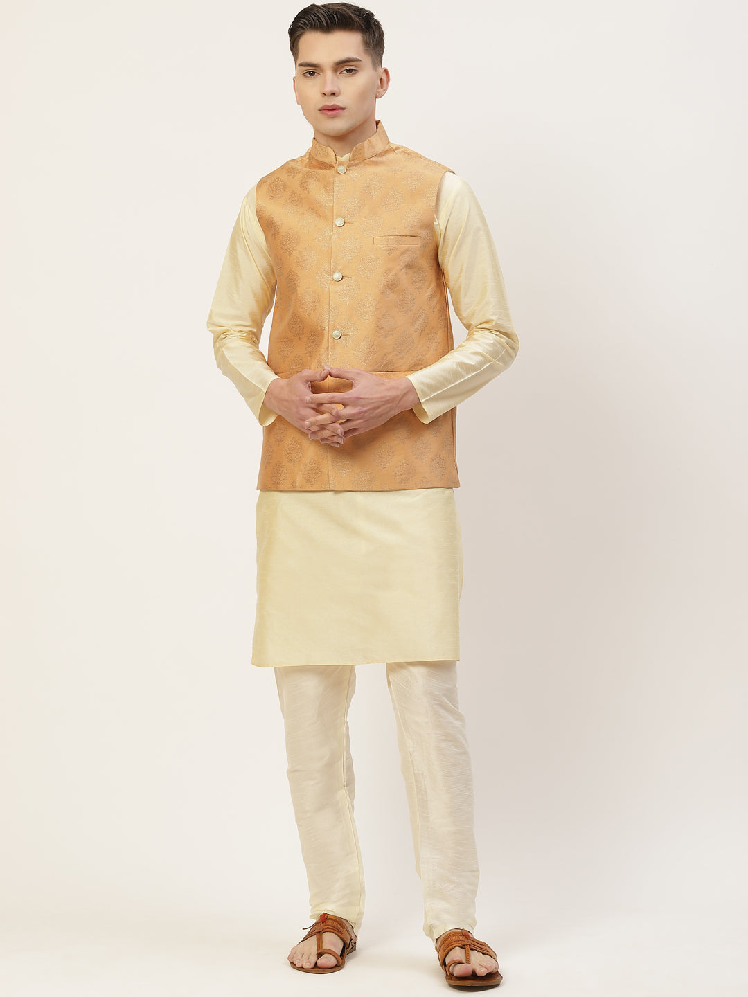 Jompers Men's Peach Printed Nehru Jacket ( JOWC 4032Peach )