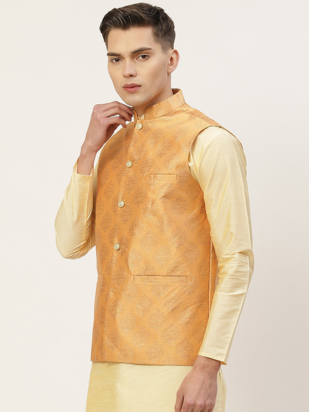 Jompers Men's Peach Printed Nehru Jacket ( JOWC 4032Peach )