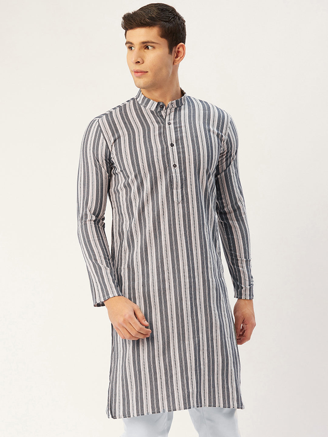 Jompers Men's Grey Cotton Striped Kurta Only ( KO 643Grey )
