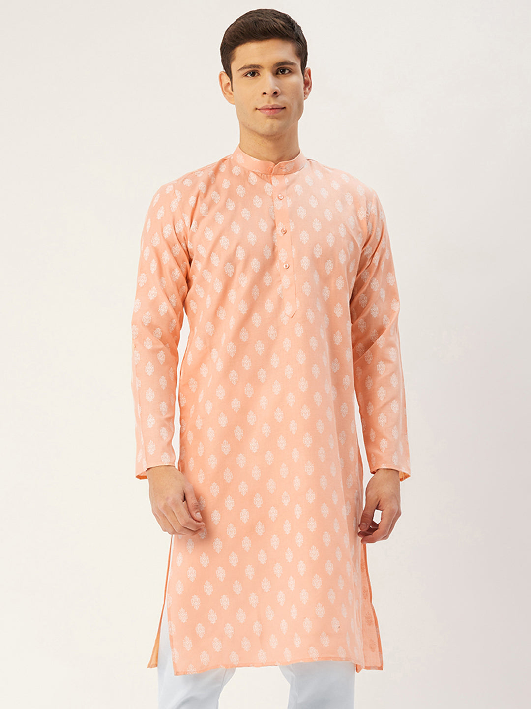 Jompers Men's Peach Cotton Floral printed kurta Only ( KO 650Peach )