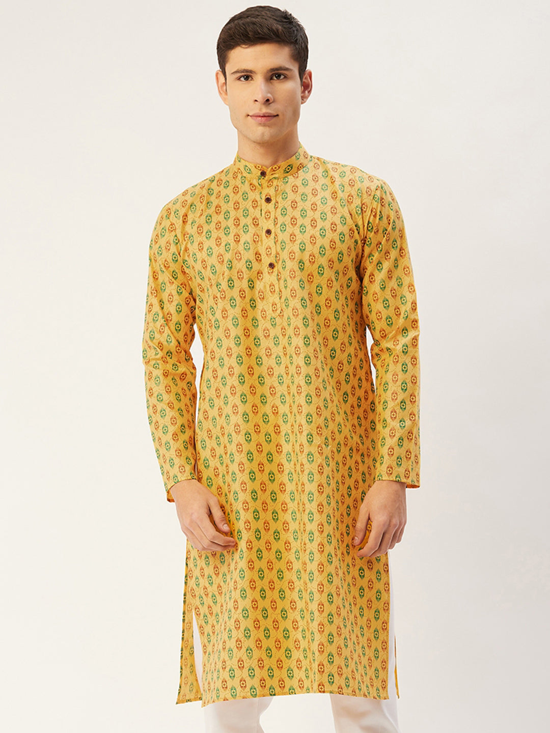 Jompers Men's Mustard Cotton Ikat printed kurta Only ( KO 651Mustard )