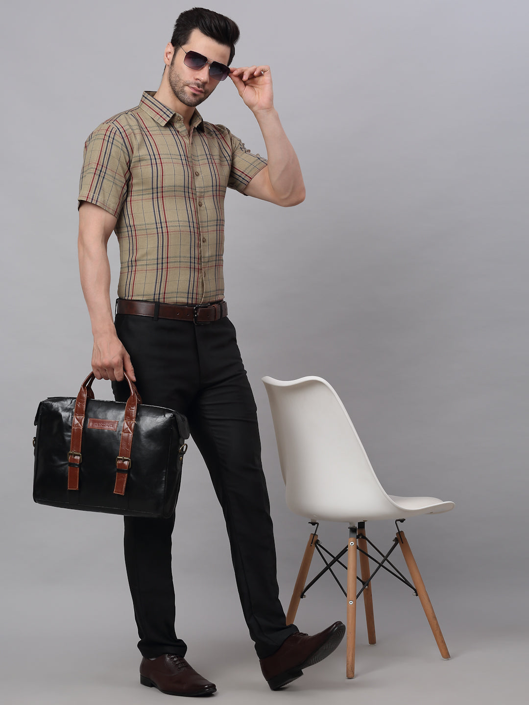 Men's Brown Half Sleeve Checked Formal Shirt
