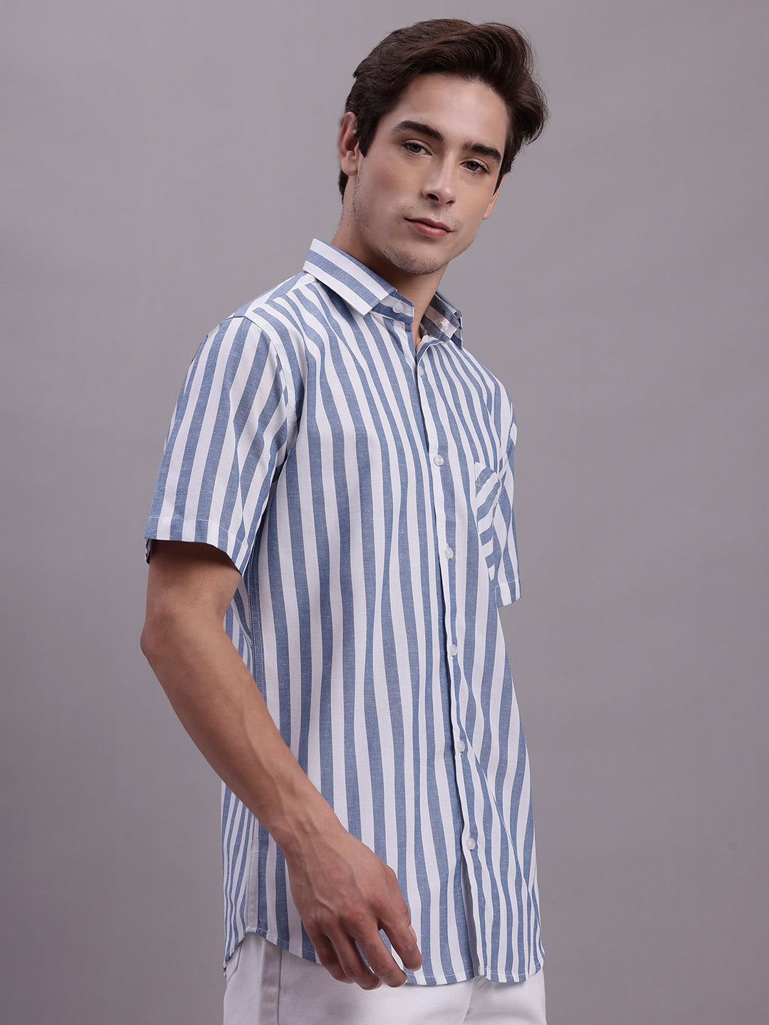 Men's Blue Vertical Striped Half Sleeve Casual Shirt
