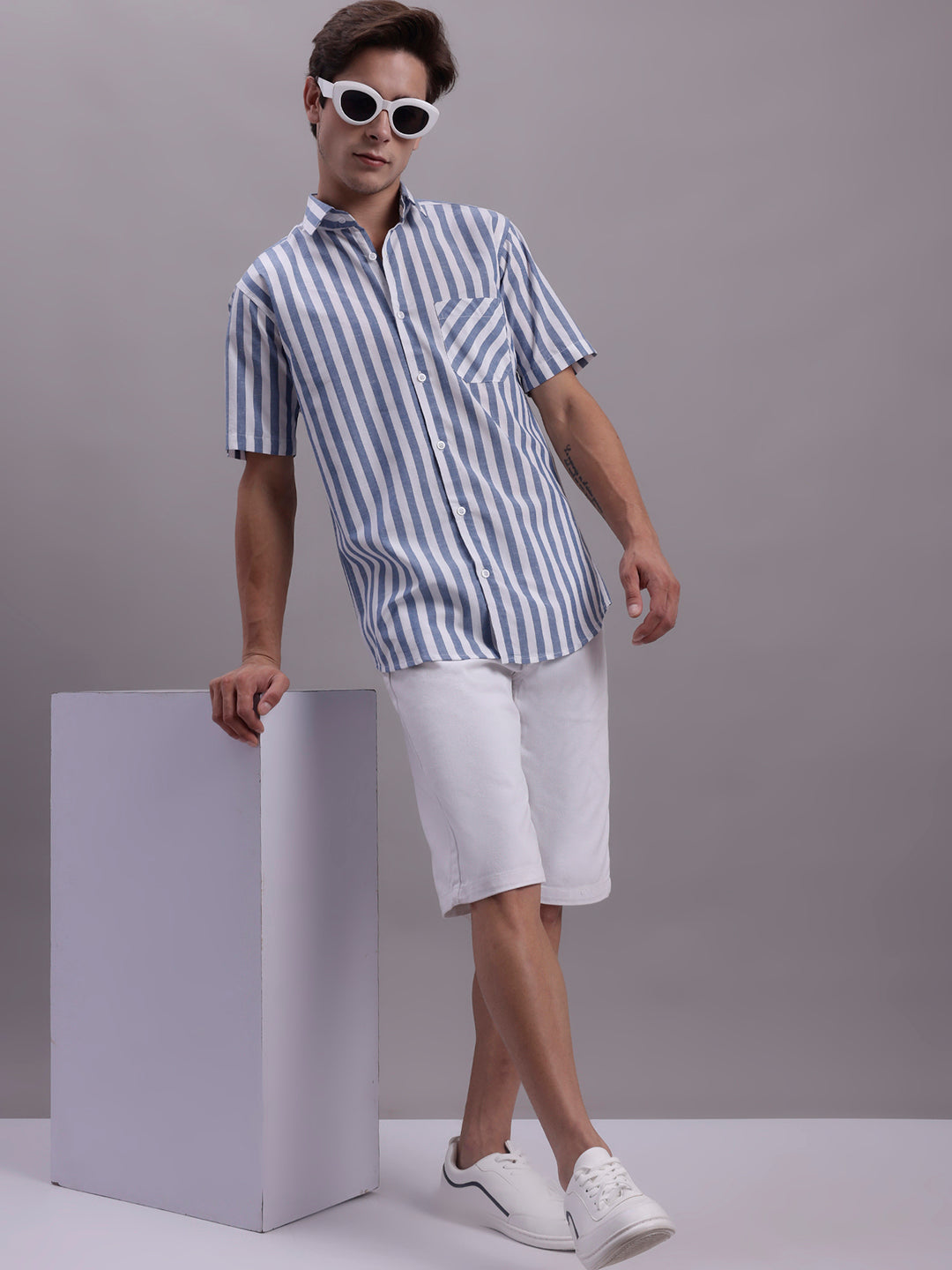 Men's Blue Vertical Striped Half Sleeve Casual Shirt
