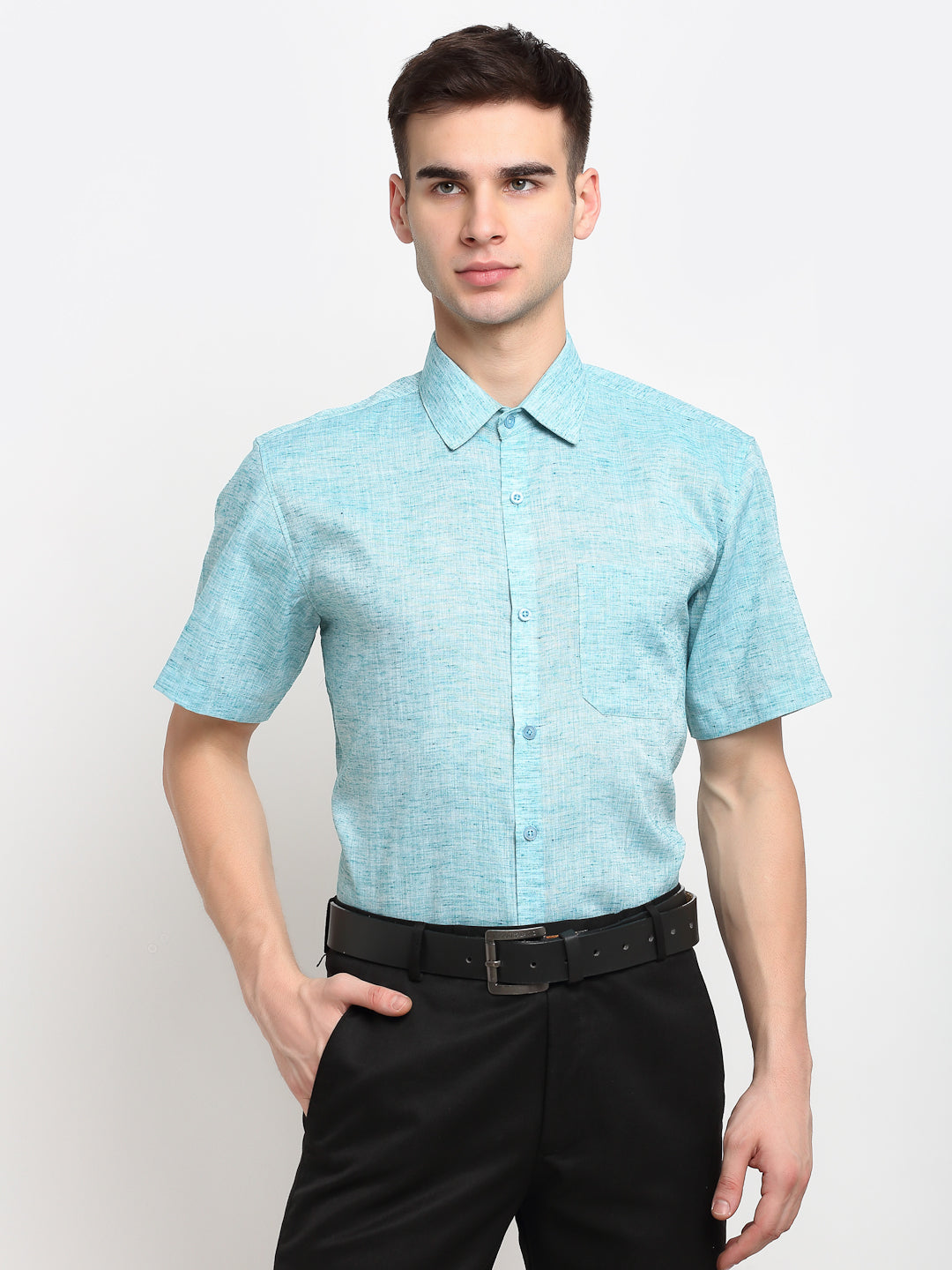 Indian Needle Green Men's Solid Cotton Half Sleeves Formal Shirt ( SF 783Green )