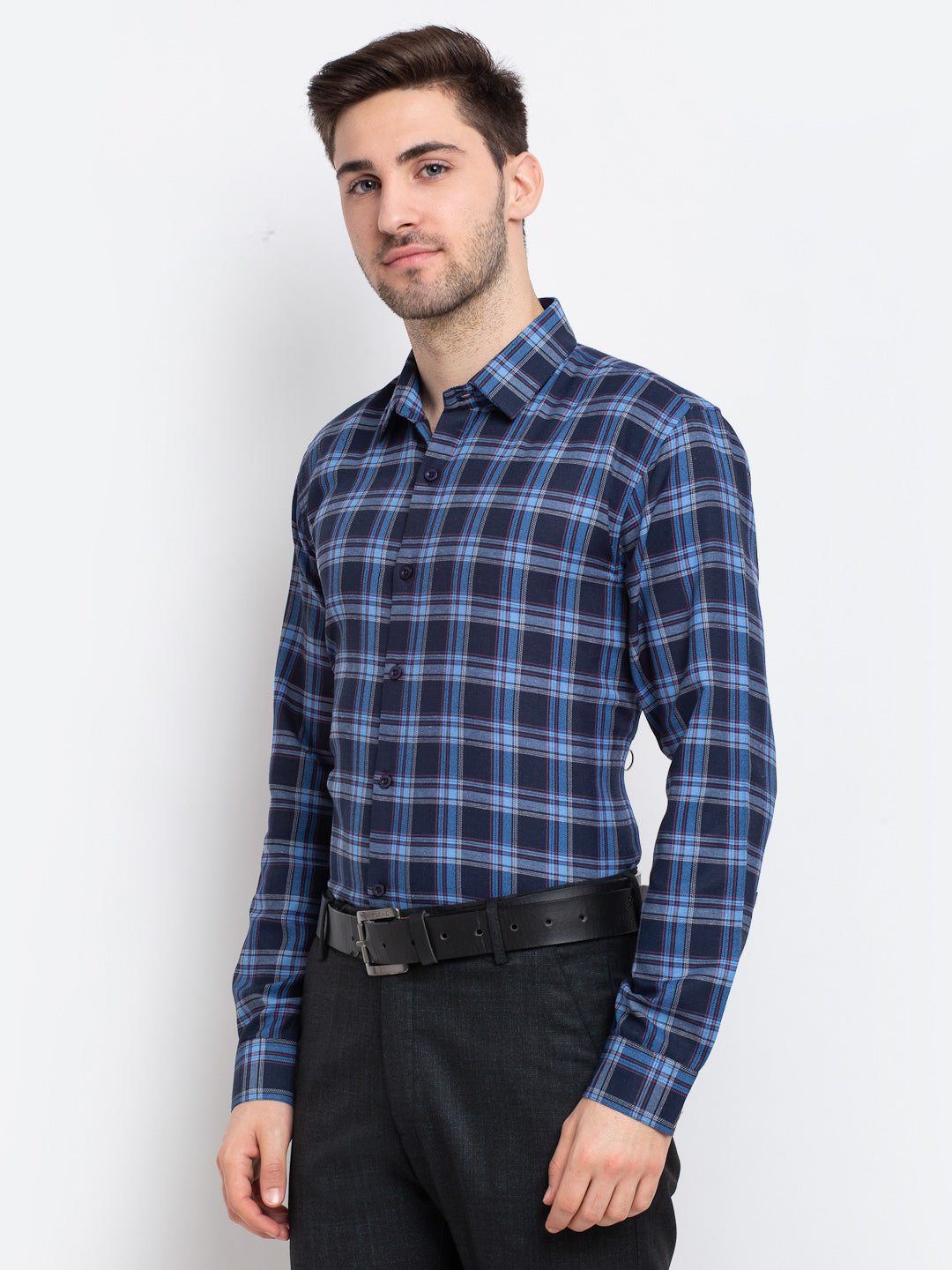 Indian Needle Blue Men's Checked Cotton Formal Shirt ( SF 786Blue )