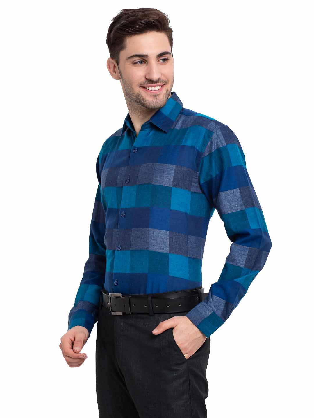 Indian Needle Blue Men's Checked Cotton Formal Shirt ( SF 787Blue )
