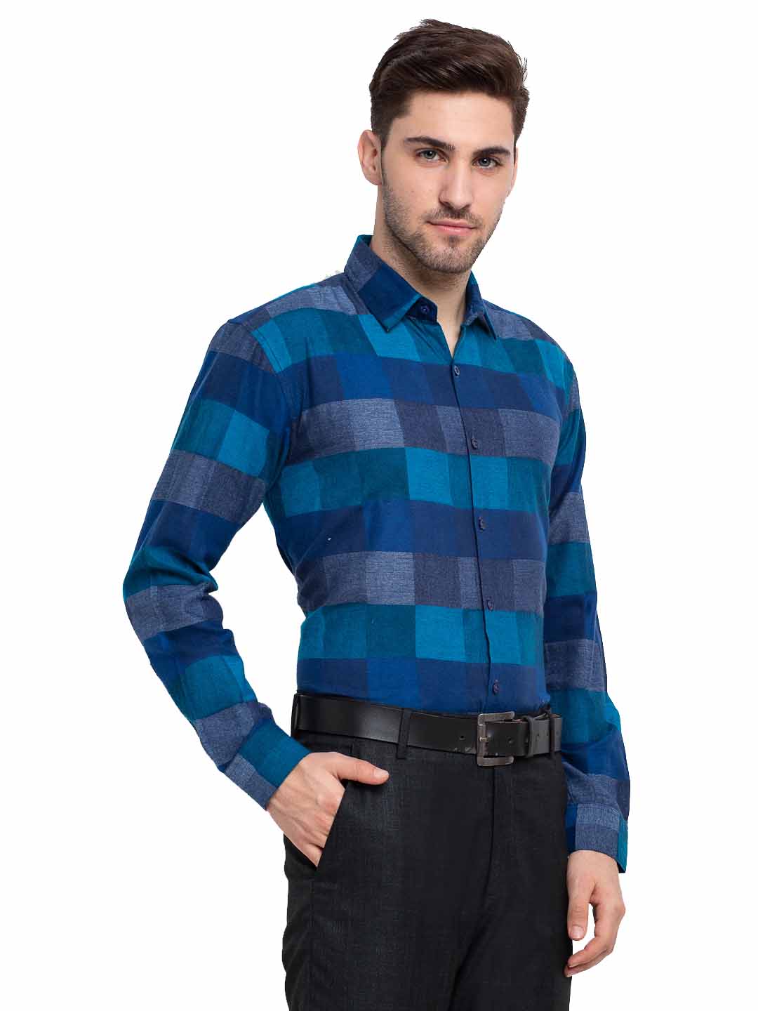 Indian Needle Blue Men's Checked Cotton Formal Shirt ( SF 787Blue )