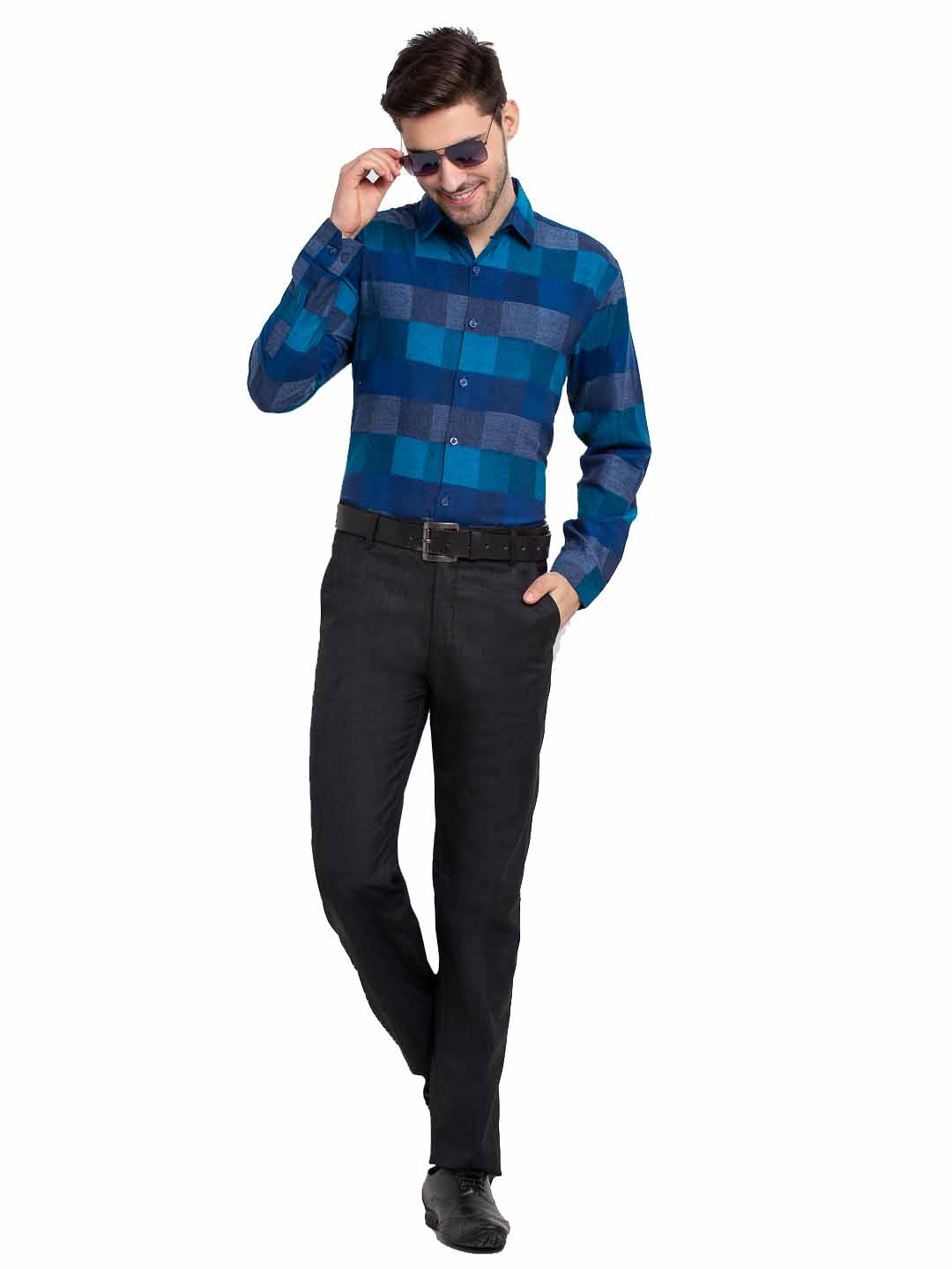 Indian Needle Blue Men's Checked Cotton Formal Shirt ( SF 787Blue )