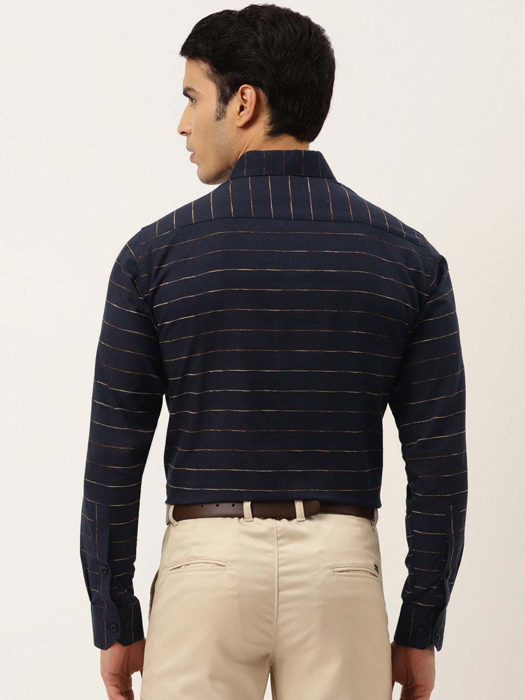 Indian Needle Men's Formal Cotton Horizontal Striped Shirt ( SF 790Navy )