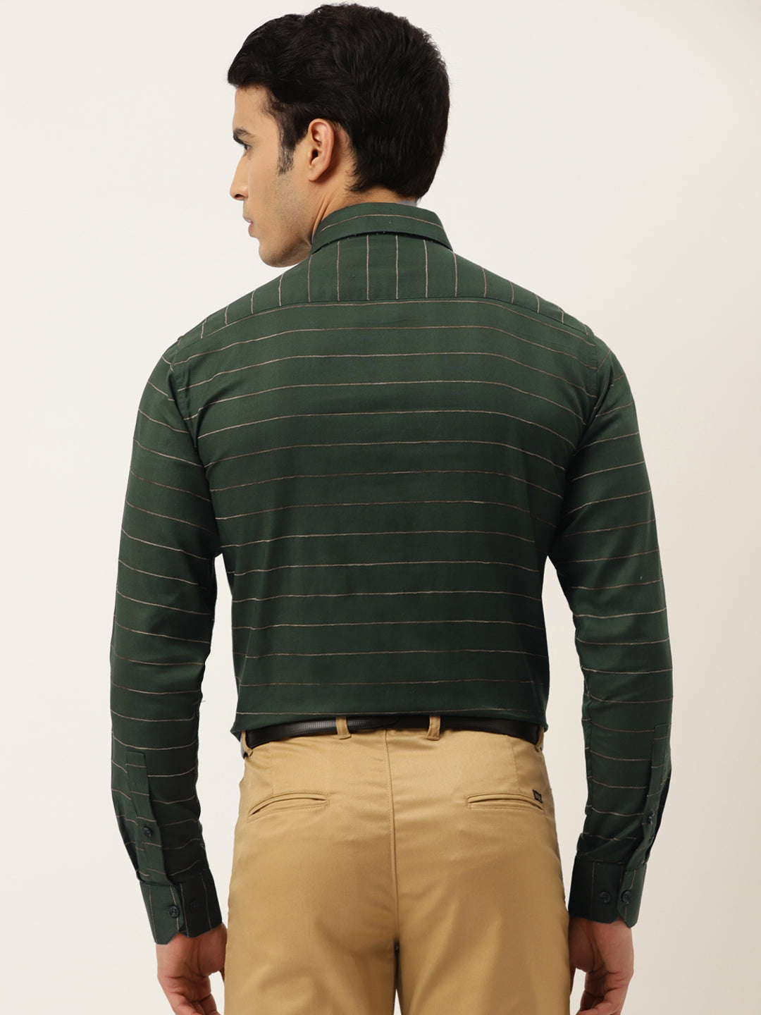Indian Needle Men's Formal Cotton Horizontal Striped Shirt ( SF 790Olive )