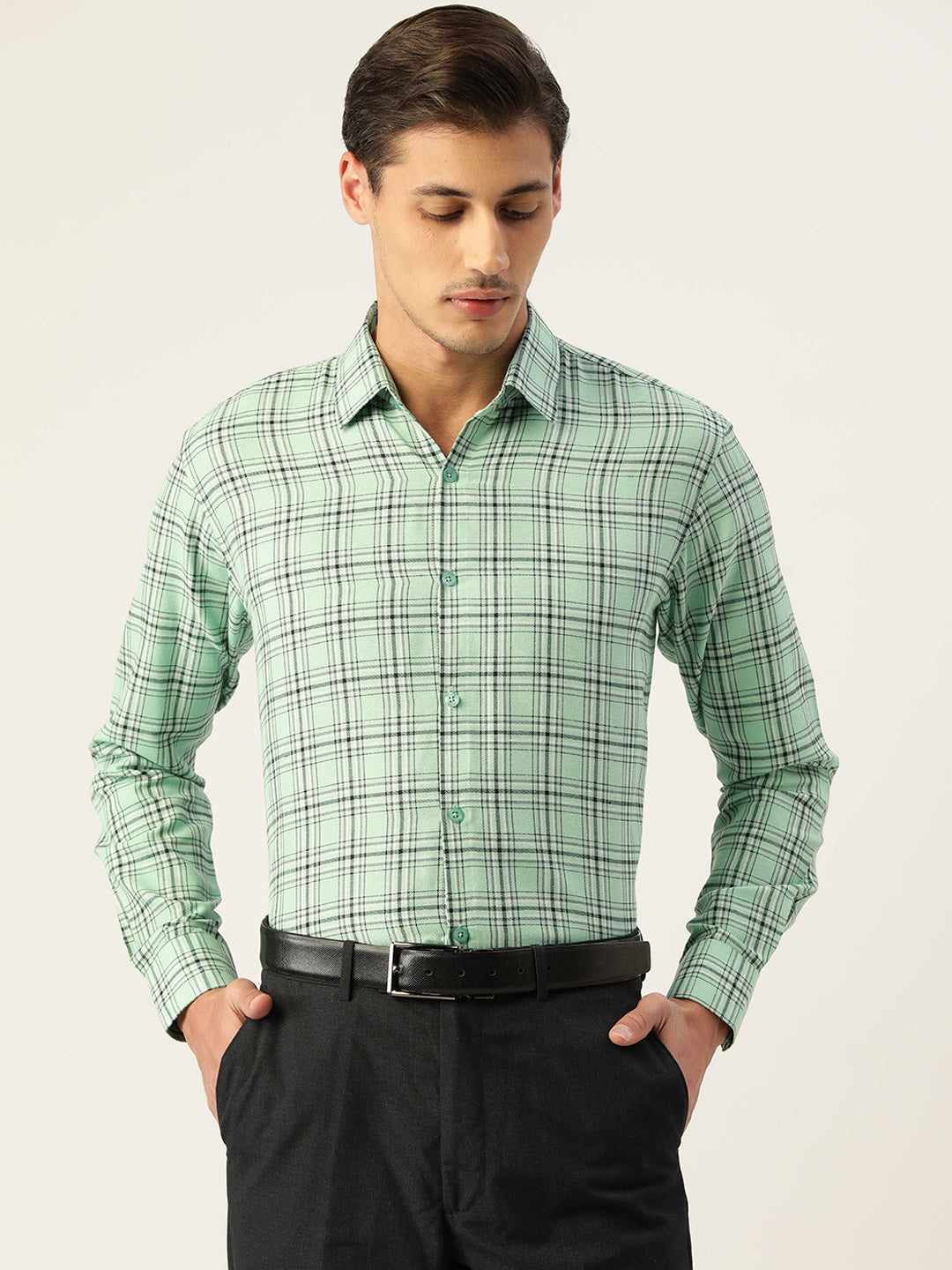 Indian Needle Men's Cotton Checked Formal Shirts ( SF 791Green )