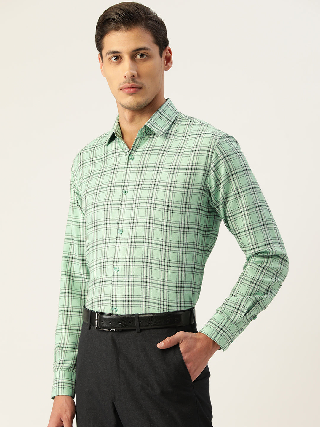 Indian Needle Men's Cotton Checked Formal Shirts ( SF 791Green )