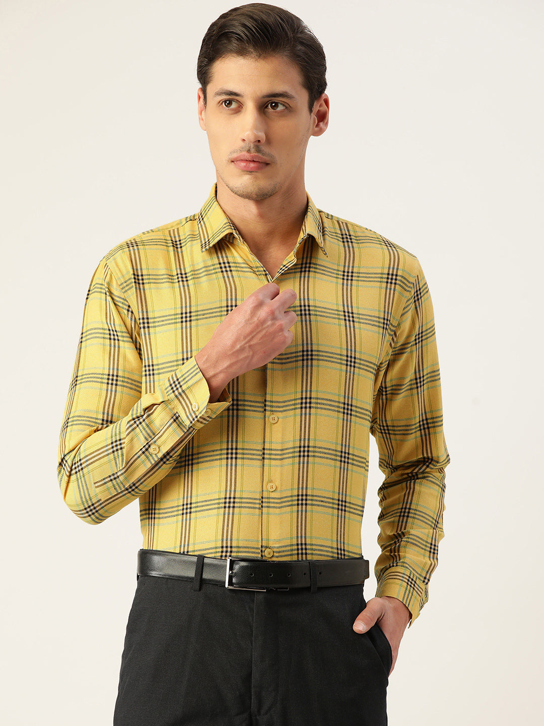 Indian Needle Men's Cotton Checked Formal Shirts ( SF 793Yellow )