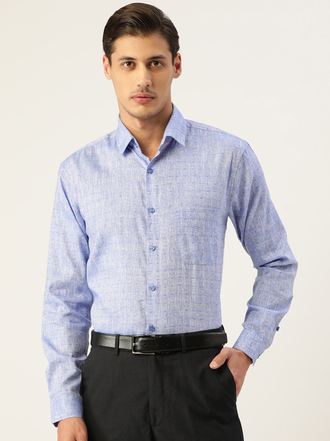 Indian Needle Men's Linen Cotton Polka Dots Formal Shirts ( SF 794Blue )