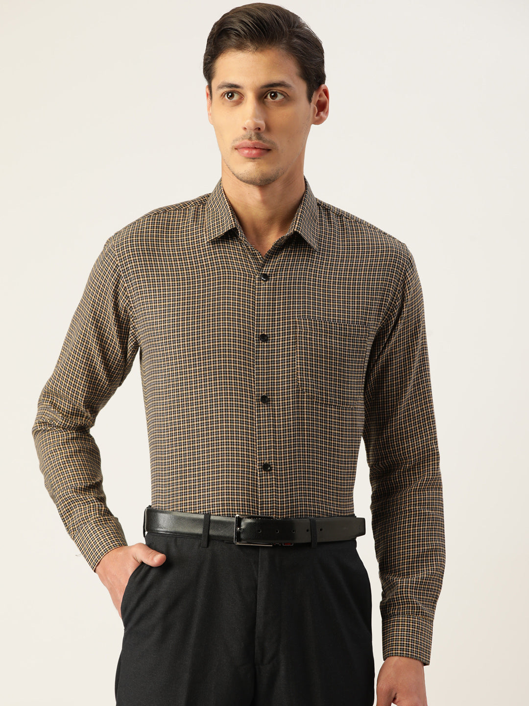 Indian Needle Men's Cotton Checked Formal Shirts ( SF 804Black )