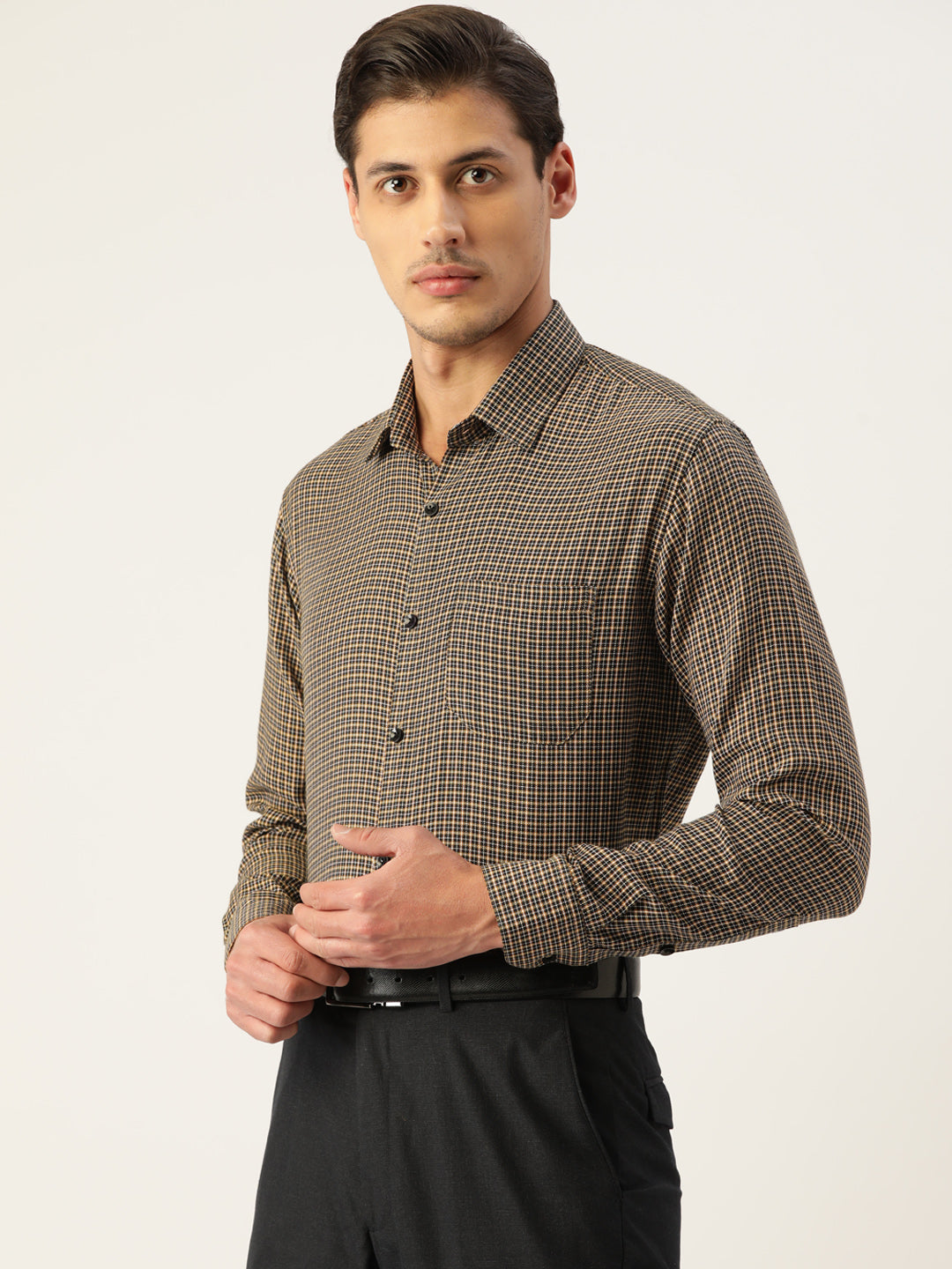 Indian Needle Men's Cotton Checked Formal Shirts ( SF 804Black )