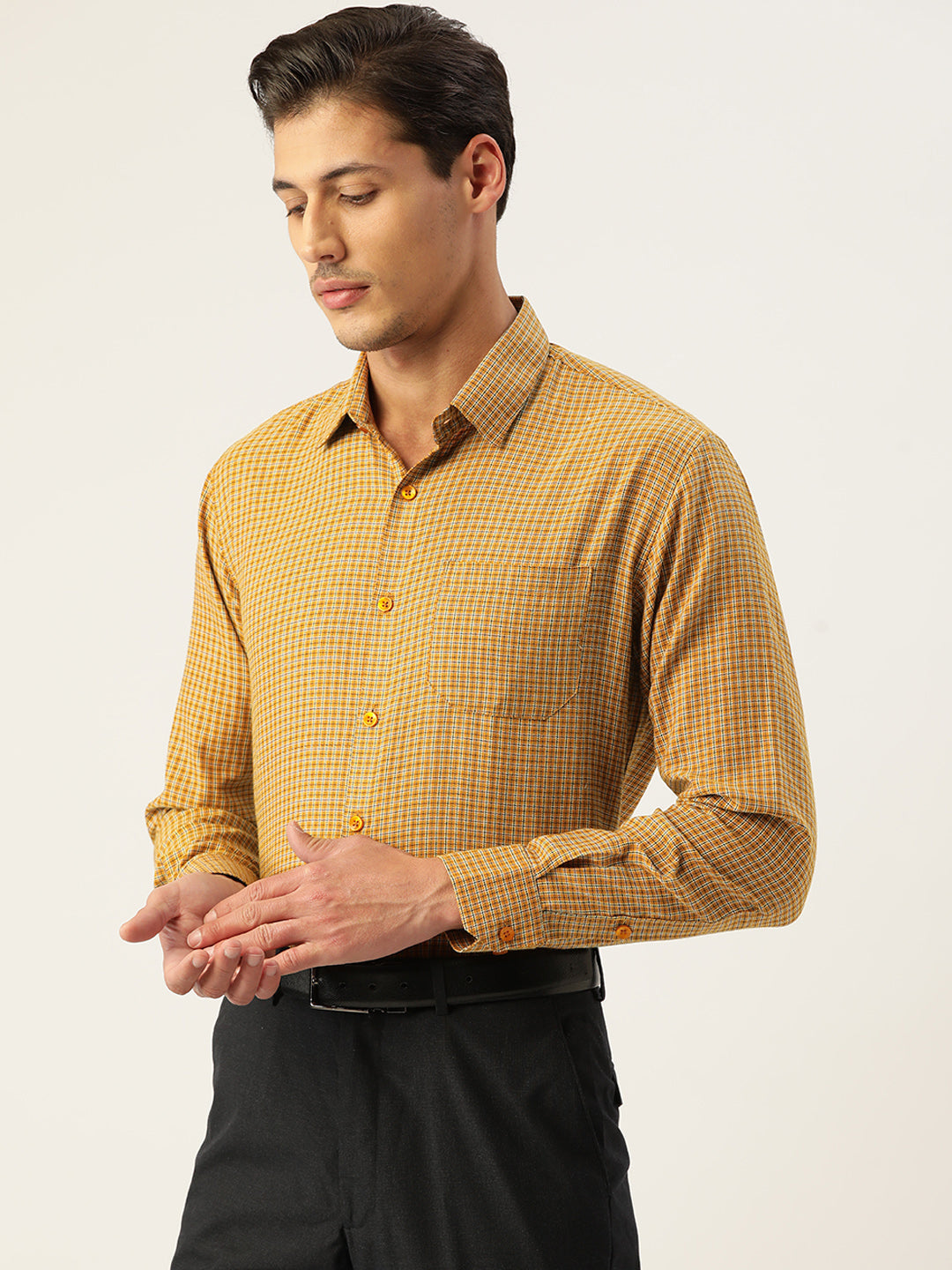 Indian Needle Men's Cotton Checked Formal Shirts ( SF 804Mustard )
