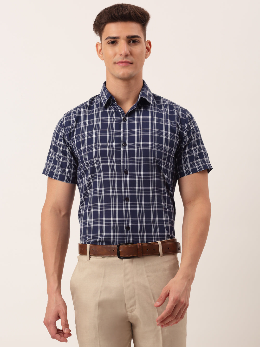 Indian Needle Men's Cotton Checked Half Sleeve Formal Shirts ( SF 808Blue )