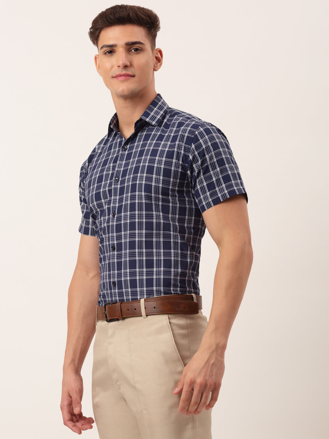 Indian Needle Men's Cotton Checked Half Sleeve Formal Shirts ( SF 808Blue )